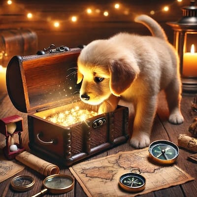 A very cute lost puppy, calmly and purposefully looking for an answer (or a treat) in an open, glowing treasure chest.