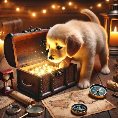 A very cute lost puppy, calmly and purposefully looking for an answer (or a treat) in an open, glowing treasure chest.
