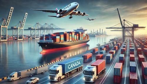 Hyper-realistic image representing Canada-EU trade, featuring a container ship loaded with colorful shipping containers on a calm ocean, an air cargo plane flying overhead, and a freight truck on a nearby road. The background includes a port with cranes, symbolizing the infrastructure supporting global trade and logistics, unlocked by working with Six Catalysts.