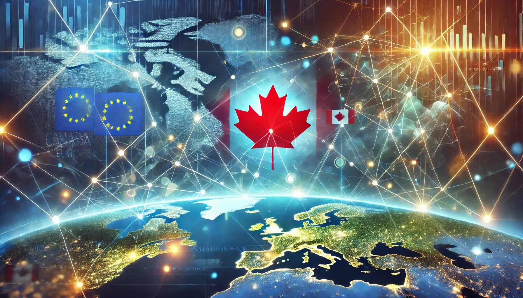 Abstract digital artwork representing Canada-EU trade consulting, featuring interconnected glowing nodes symbolizing trade routes and commerce. Subtle outlines of Canada and Europe are blended into a gradient background of blues and greens, evoking growth, opportunity, and the vastness of the market, unlocked for Canadian businesses by the expertise of Six Catalysts.