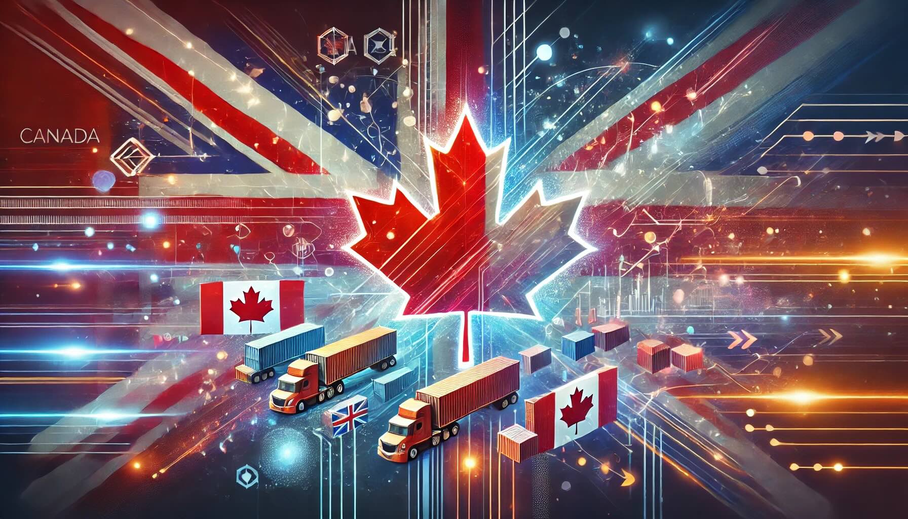 Abstract digital artwork representing Canada-UK trade consulting, featuring interconnected trade routes and symbols of commerce. The design incorporates stylistic elements of the UK flag and Union Jack with dynamic red, white, and blue gradients, symbolizing trust, opportunity, and economic strength. Subtle outlines of Canada and the UK add to the sense of a large interconnected market which Six Catalysts can help you navigate.