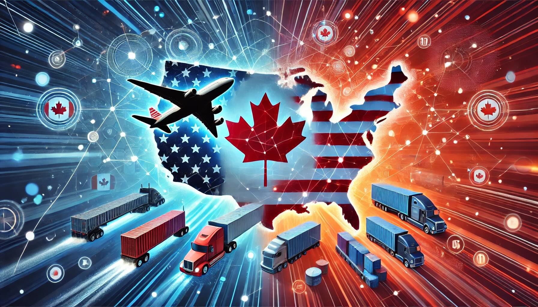 Abstract digital artwork representing Canada-US trade consulting, featuring interconnected trade routes and symbols of commerce such as trucks, planes, and shipping containers. The design incorporates dynamic red, white, and blue gradients inspired by the American flag, symbolizing collaboration, opportunity, and economic strength. Subtle outlines of Canada and the United States emphasize the vast and interconnected trade market which 6ix Catalysts specializes in.