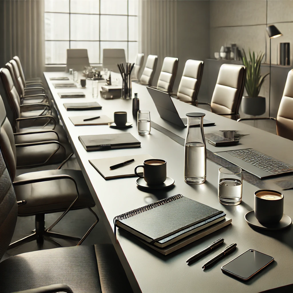 Modern-looking boardroom with a large polished conference table surrounded by sleek chairs. The room features floor-to-ceiling windows letting in natural light, a digital display on the wall, and a minimalist design, symbolizing professionalism and strategic decision-making alongside Six Catalysts.