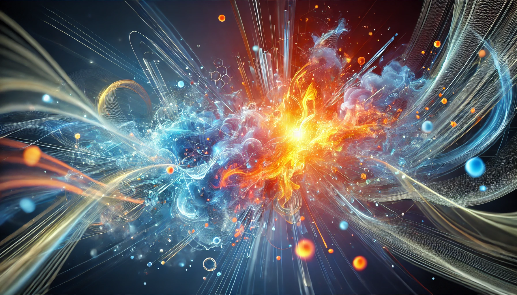 Abstract digital artwork representing the catalyst of ideas, featuring dynamic, interconnected shapes and flowing lines in vibrant colors like electric blue, fiery orange, and glowing yellow. Bright bursts of light radiate outward, symbolizing creativity, innovation, and the spark of inspiration. The composition conveys energy, movement, and limitless possibilities afforded by working with Six Catalysts.