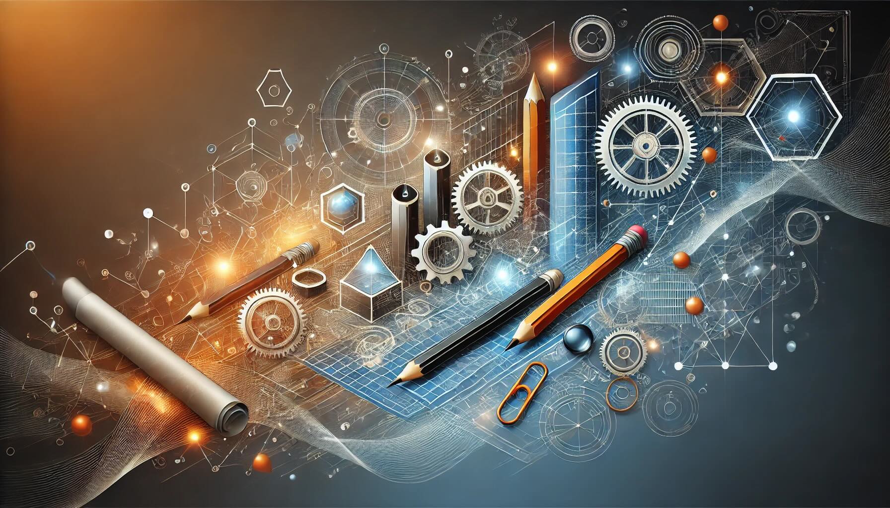 Abstract digital artwork representing product design and development, featuring interconnected geometric shapes, glowing blueprints, and stylized tools such as gears and drafting elements. The design uses a gradient color palette of blues, oranges, and whites, symbolizing creativity, innovation, and collaboration in a sleek and professional aesthetic of Six Catalysts.