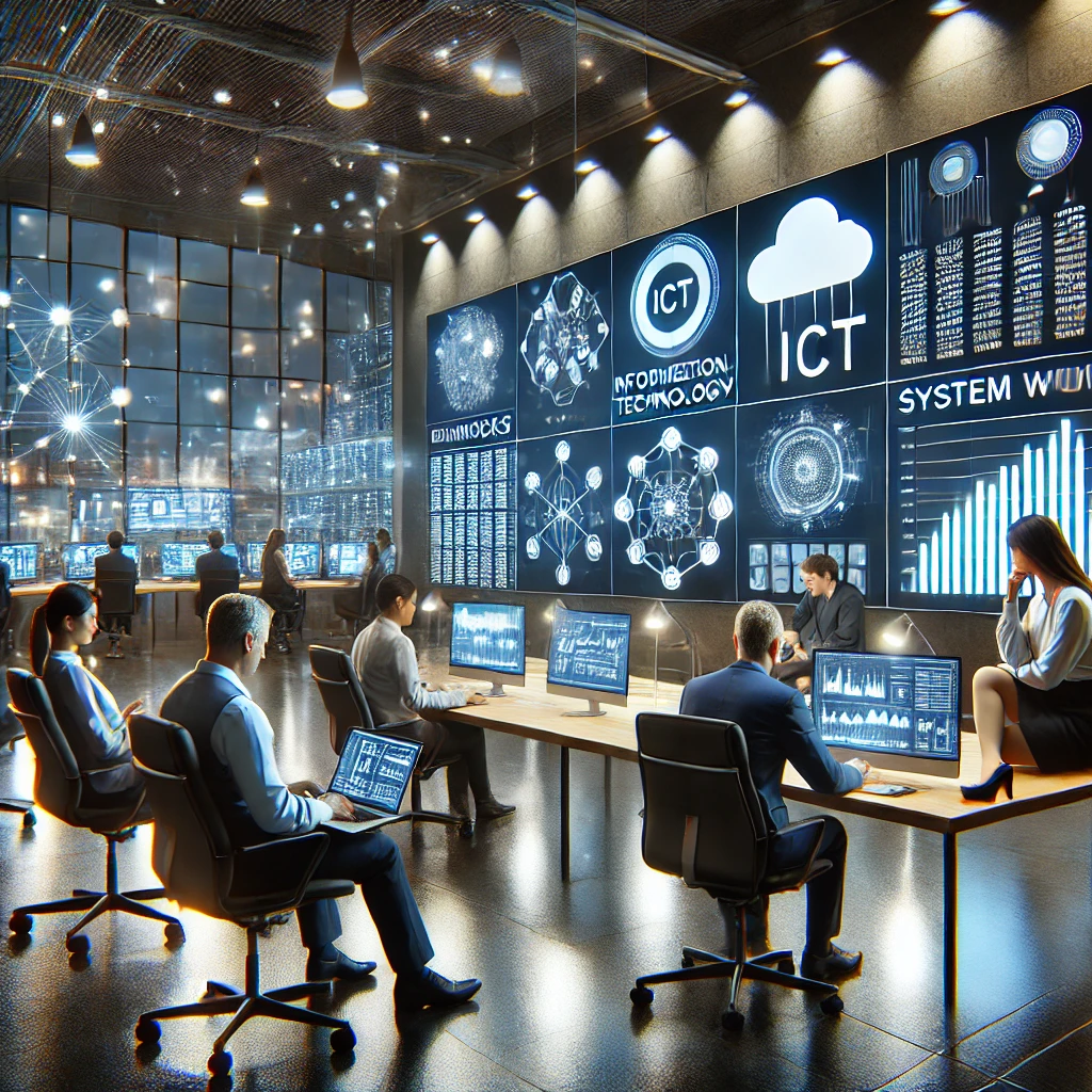 A professional open-plan office showcasing an information and communications technology (ICT) function. A diverse group of professionals collaborates, with one person monitoring a wall of screens displaying data networks, cybersecurity metrics, and system analytics, while another works on a laptop featuring a cloud-based diagram. The modern setting includes glowing LED light accents, ergonomic furniture, and a high-tech ambiance, emphasizing innovation, teamwork, and technology-driven operations at Six Catalysts.