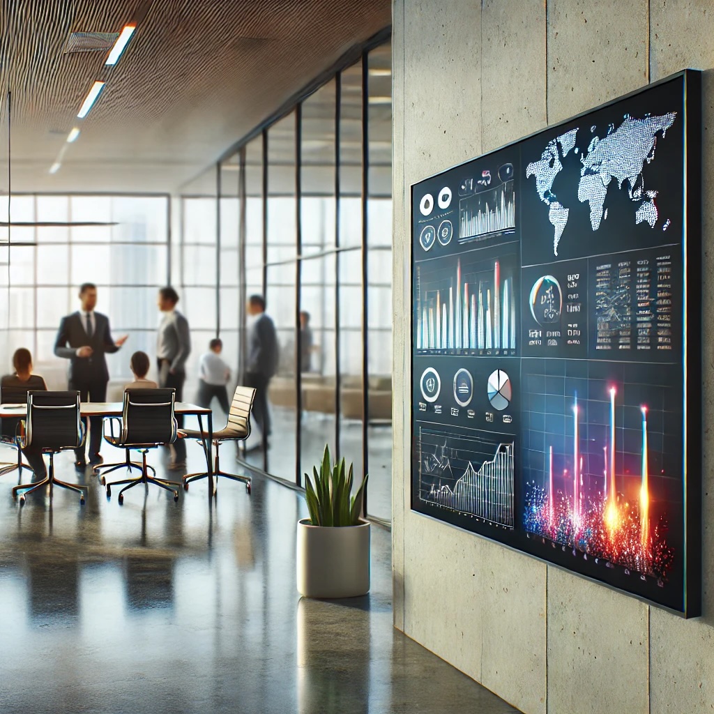 An image showing a dynamic engineering health dashboard mounted on the wall, with IT staff collaborating at a workdesk in the background. Just another day at Six Catalysts.