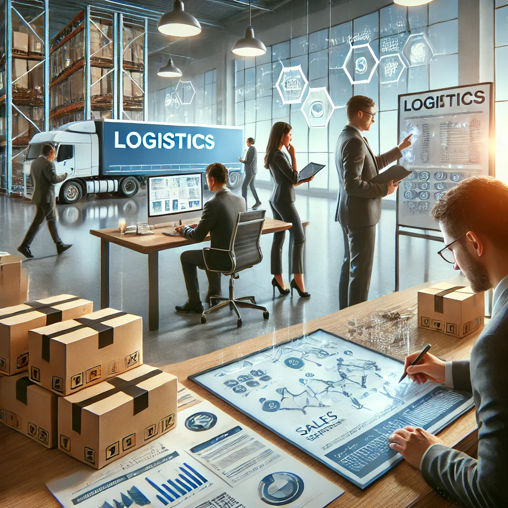 A professional office setting showcasing an operational support function. A diverse group of professionals collaborates in a modern environment, with one person reviewing data on a tablet, another coordinating tasks on a blank whiteboard, and a third providing tech support at a workstation. Subtle details like shipping boxes, schedules, and flowcharts enhance the scene, symbolizing logistics, sales support, and technology support. The atmosphere is bright and efficient, emphasizing teamwork and productivity at Six Catalysts.