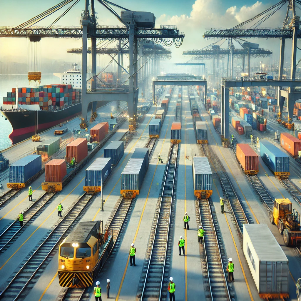 Hyper-realistic image representing Canada-UK trade, featuring a container ship loaded with colorful shipping containers on a calm ocean, an air cargo plane flying overhead, and a freight truck on a nearby road. The background includes a port with cranes, symbolizing the infrastructure supporting global trade and logistics, unlocked by working with Six Catalysts.