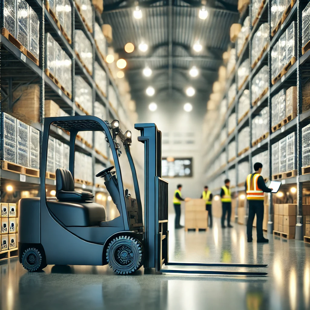 Hyper-realistic image of a well-organized warehouse environment with a forklift in the foreground, neatly positioned with its forks resting on the ground. In the blurred bokeh background, workers in reflective safety vests manage inventory and coordinate tasks. The warehouse is clean and orderly, featuring neatly stacked pallets, clear signage, and bright lighting, showcasing professionalism and operational excellence at 6ix Catalysts.
