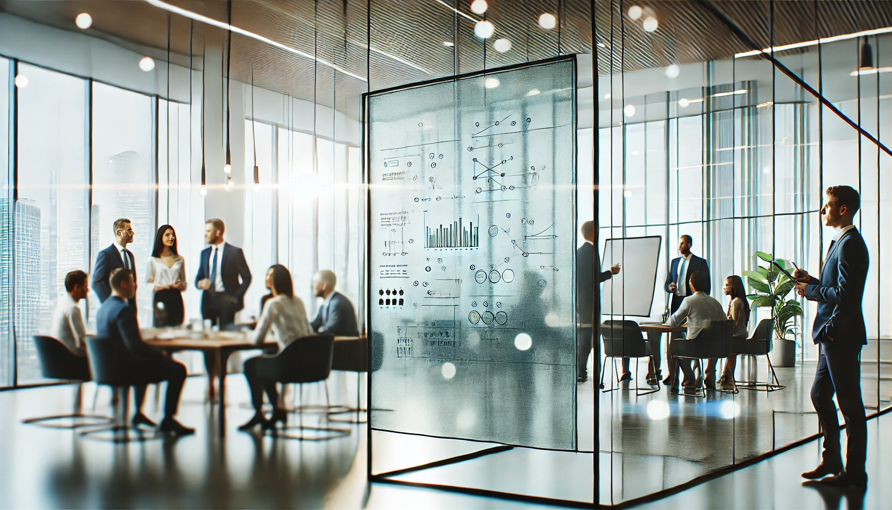 Image of a modern office featuring a glass whiteboard with faint diagrams and markers in the foreground, symbolizing collaboration and planning. In the blurred bokeh background, diverse professionals are engaged in discussion and teamwork. The office is sleek and professional, with large windows allowing natural light to illuminate the space of Six Catalysts.