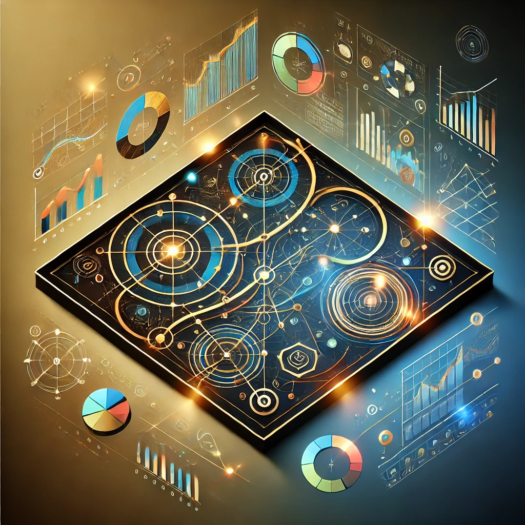 Abstract square digital artwork representing a blueprint for success in advertising planning, featuring interconnected glowing paths, marked nodes resembling key milestones, and geometric shapes. The design uses vibrant gold, blue, and green tones, evoking the feeling of a treasure map with a modern and professional style consistent with Six Catalysts.