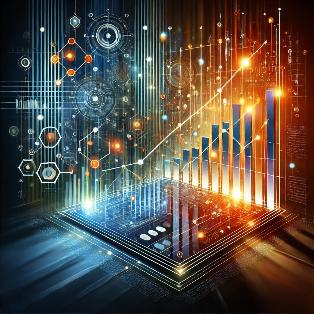 Abstract square digital artwork representing paid media’s role in a marketing strategy, featuring glowing bar charts, upward-sloping line graphs, and interconnected nodes. The design uses a vibrant color palette of blues, oranges, and greens to convey revenue growth, metrics improvements, and strategic analytics in a modern and professional style as delivered by Six Catalysts.
