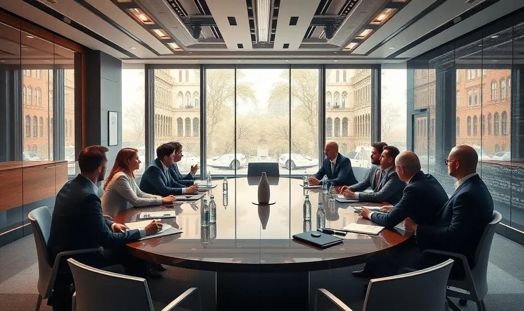 An image of a group of professionals in a conference room, collaborating and speaking in a meeting at a round table in a bright, modern room.