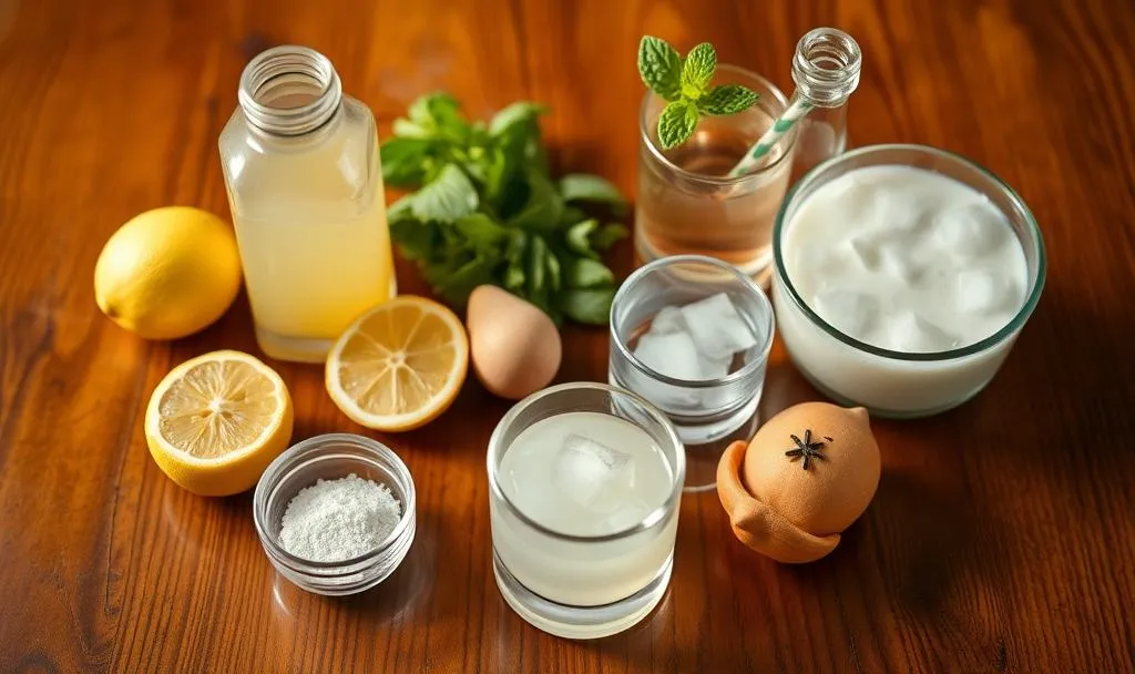 A variety of food and beverage ingredients spread out on a wooden table.