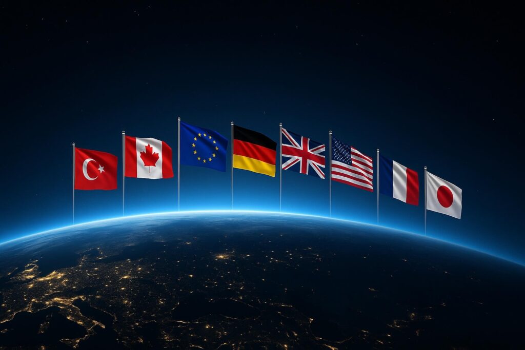 A hyper-realistic image of the Earth's horizon as if viewed from space, showcasing the planet’s curvature against a dark and starry sky. Lights on the ground are visible as pinpoints in the night. National flags from various countries, including Canada, the European Union, United States, United Kingdom, and other nations rise over the horizon in a radiant arc, symbolizing global interconnectedness and the vast opportunities of international trade. The image has a sleek, techno-utopian feeling, evoking a sense of unity and global collaboration.