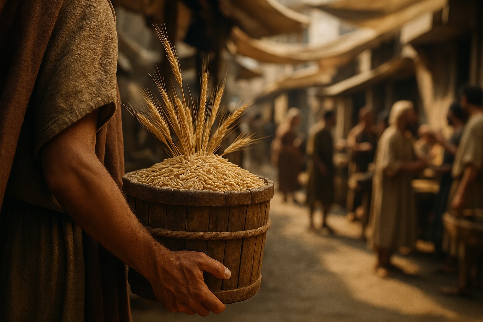 An image of a trader carrying a basket of barley through a busy bazaar.