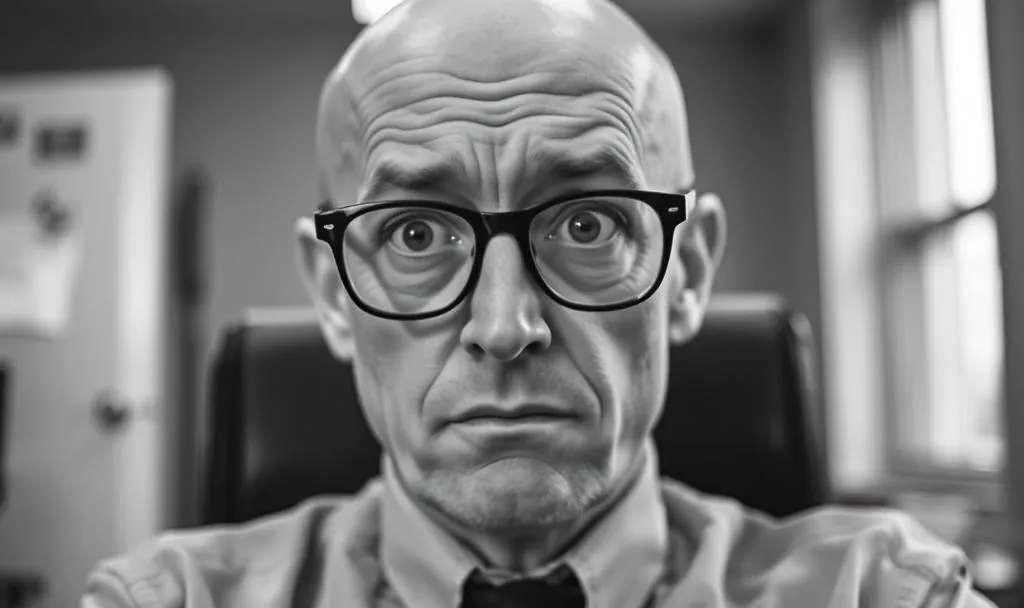 An image of a bald, Caucasian man with thick horn rimmed glasses sitting in an office. He's confused AF, and it shows.