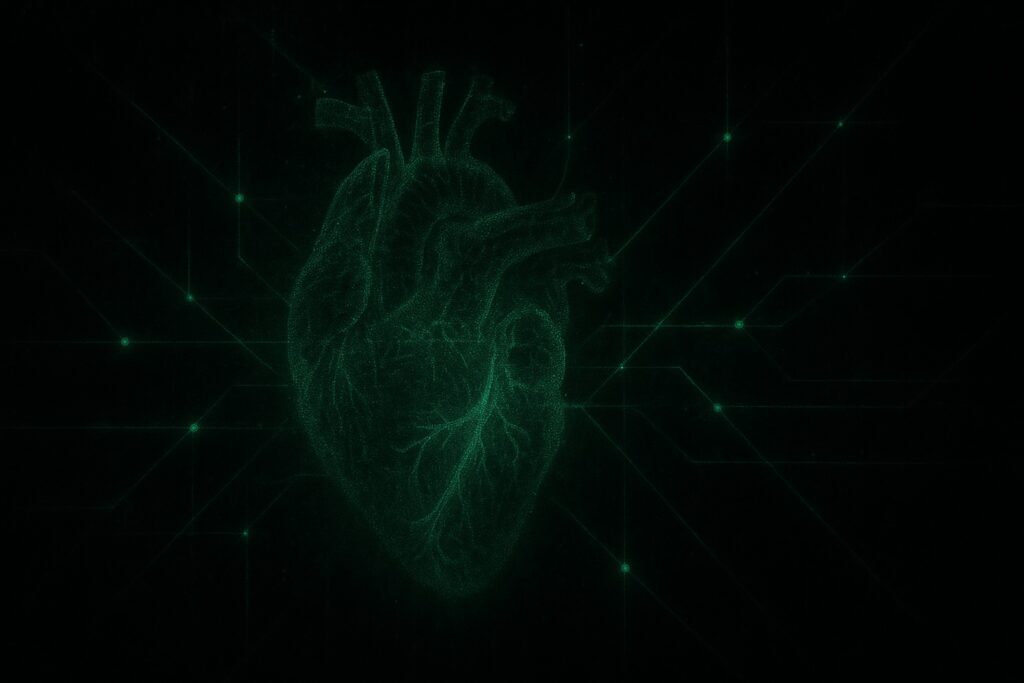 Abstract digital artwork in 16:9 format depicting the “innovation heartbeat” concept. The design uses flowing, wave-like lines and soft gradients to suggest a rhythmic pulse. Warm and cool tones blend together, with organic shapes representing circulation, symbolizing the flow of ideas and information through a system, inspired by the metaphor of a heart pumping lifeblood. No text or sharp objects are present; the overall effect is ambient and conceptual.